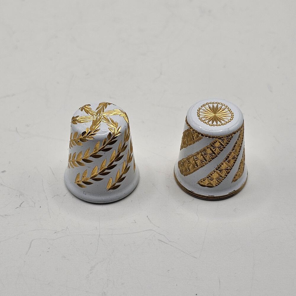 Vintage Set of 2 Felix Morel Thimbles White Gold Golden Snowflakes Series